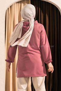 Modalamelif Kapüşonlu Etek Ucu Ribanalı Tunik Pudra