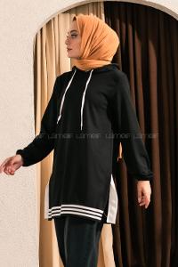 Modalamelif Kapüşonlu Etek Ucu Ribanalı Tunik Siyah