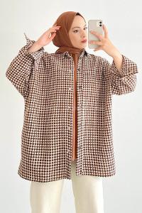 Modalamelif Kilim Desen Çift Cepli Önü Boydan Düğmeli Gömlek  Kahverengi
