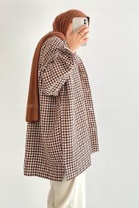 Modalamelif Kilim Desen Çift Cepli Önü Boydan Düğmeli Gömlek  Kahverengi