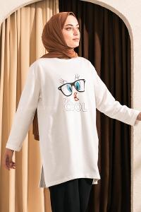 Modalamelif I m Cool Baskılı Yırtmaç Detaylı Sweatshirt Beyaz