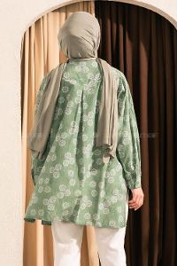 Modalamelif Önü Boydan Düğmeli Çiçek Desenli Yırtmaçlı Tunik Gömlek Çağla Yeşili