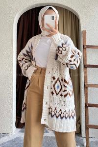 Modalamelif Önü Boydan Düğmeli Etnik Desenli Triko Hırka Bej