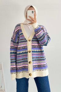 Modalamelif Önü Boydan Düğmeli Kilim Desenli Triko Hırka Çokrenkli