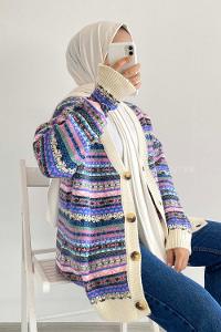 Modalamelif Önü Boydan Düğmeli Kilim Desenli Triko Hırka Çokrenkli