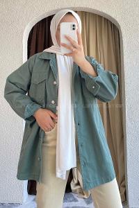 Modalamelif Önü Metal Düğmeli Dört Cepli Gabardin Gömlek Pastel Yeşili