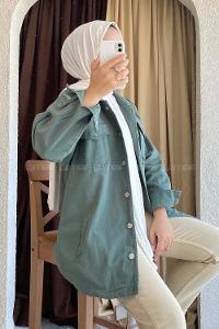 Modalamelif Önü Metal Düğmeli Dört Cepli Gabardin Gömlek Pastel Yeşili