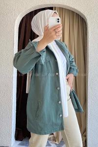 Modalamelif Önü Metal Düğmeli Dört Cepli Gabardin Gömlek Pastel Yeşili