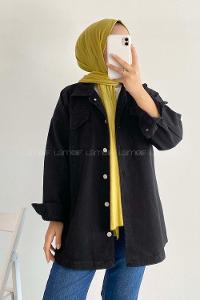 Modalamelif Önü Metal Düğmeli Dört Cepli Gabardin Gömlek Siyah