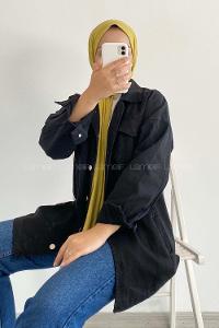 Modalamelif Önü Metal Düğmeli Dört Cepli Gabardin Gömlek Siyah