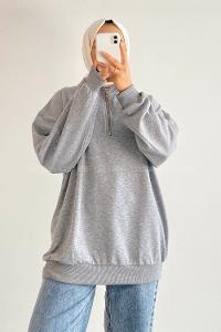 Modalamelif Önü Yarım Fermuarlı Etek Ucu Lastik Detaylı Sweat Gri