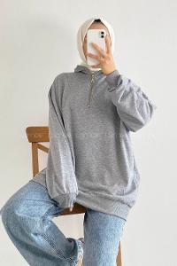 Modalamelif Önü Yarım Fermuarlı Etek Ucu Lastik Detaylı Sweat Gri