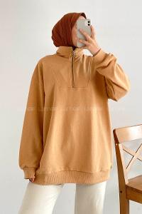 Modalamelif Önü Yarım Fermuarlı Etek Ucu Lastik Detaylı Sweat Karamel