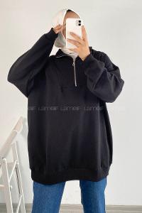 Modalameliff Önü Yarım Fermuarlı Etek Ucu Lastik Detaylı Sweat Siyah