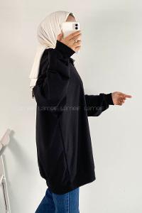 Modalameliff Önü Yarım Fermuarlı Etek Ucu Lastik Detaylı Sweat Siyah