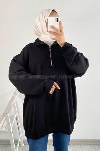 Modalameliff Önü Yarım Fermuarlı Etek Ucu Lastik Detaylı Sweat Siyah