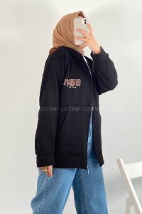 Modalamelif Arka Kartal Baskılı Fermuarlı Kapşonlu Hırka Siyah