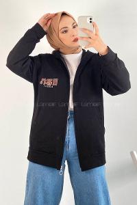 Modalamelif Arka Kartal Baskılı Fermuarlı Kapşonlu Hırka Siyah