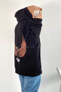 Modalamelif Arka Kartal Baskılı Fermuarlı Kapşonlu Hırka Siyah