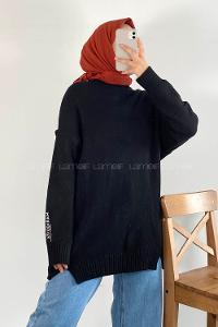 Modalamelif Bisiklet Yaka Kolu Yazı Nakış Detaylı Bertie Triko Kazak Siyah