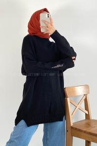 Modalamelif Bisiklet Yaka Kolu Yazı Nakış Detaylı Bertie Triko Kazak Siyah