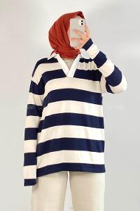 Modalamelif Polo Yaka Çizgi Şeritli Ashlee Sweat Beyaz-Lacivert