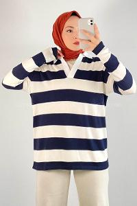 Modalamelif Polo Yaka Çizgi Şeritli Ashlee Sweat Beyaz-Lacivert