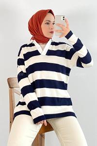 Modalamelif Polo Yaka Çizgi Şeritli Ashlee Sweat Beyaz-Lacivert
