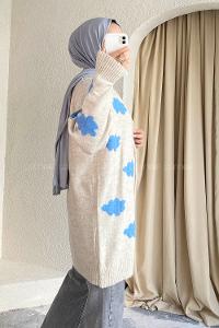 Modalamelif Boydan Düğmeli Bulut Desen Hırka Bej