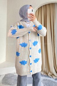 Modalamelif Boydan Düğmeli Bulut Desen Hırka Bej