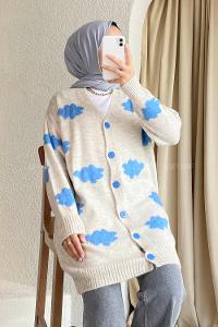 Modalamelif Boydan Düğmeli Bulut Desen Hırka Bej