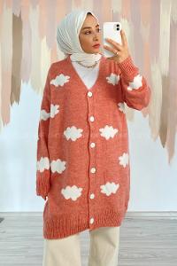 Modalamelif Boydan Düğmeli Bulut Desen Hırka Gül