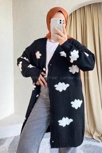 Modalamelif Boydan Düğmeli Bulut Desen Hırka Siyah