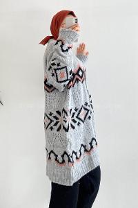 Modalamelif Boydan Düğmeli Etnik Desenli Hırka Gri