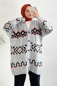 Modalamelif Boydan Düğmeli Etnik Desenli Hırka Gri