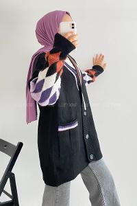 Modalamelif Çift Cepli Kol Garnili Hırka Siyah