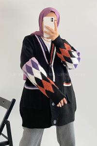 Modalamelif Çift Cepli Kol Garnili Hırka Siyah