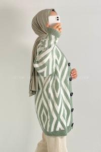 Modalamelif Önü Düğmeli Baklava Desen Jakarlı Triko Hırka Çağla Yeşili