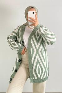 Modalamelif Önü Düğmeli Baklava Desen Jakarlı Triko Hırka Çağla Yeşili