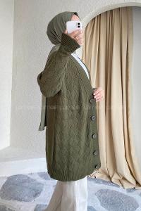 Modalamelif Önü Düğmeli Baklava Desen Triko Hırka Haki