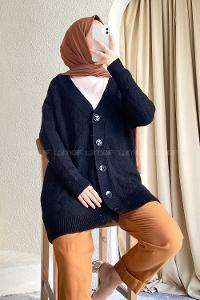 Modalamelif Önü Düğmeli Baklava Desen Triko Hırka Siyah