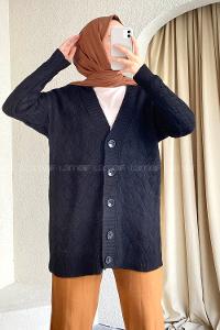 Modalamelif Önü Düğmeli Baklava Desen Triko Hırka Siyah