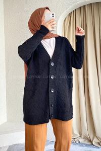 Modalamelif Önü Düğmeli Baklava Desen Triko Hırka Siyah