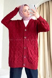 Modalamelif Önü Düğmeli Balık Sırtı Desen Triko Hırka Bordo