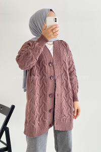 Modalamelif Önü Düğmeli Balık Sırtı Desen Triko Hırka Eflatun