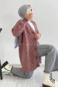 Modalamelif Önü Düğmeli Balık Sırtı Desen Triko Hırka Eflatun