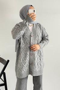 Modalamelif Önü Düğmeli Balık Sırtı Desen Triko Hırka Gri