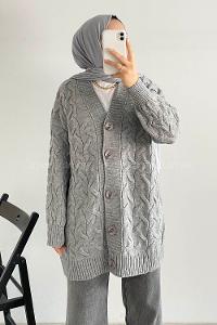 Modalamelif Önü Düğmeli Balık Sırtı Desen Triko Hırka Gri