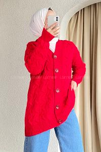 Modalamelif Önü Düğmeli Balık Sırtı Desen Triko Hırka Kırmızı