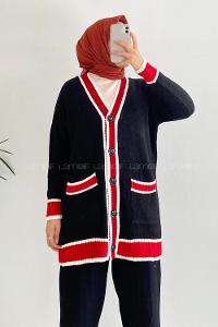 Modalamelif Önü Düğmeli Ribana  Pat Garnili Çift Cepli Triko Hırka Siyah